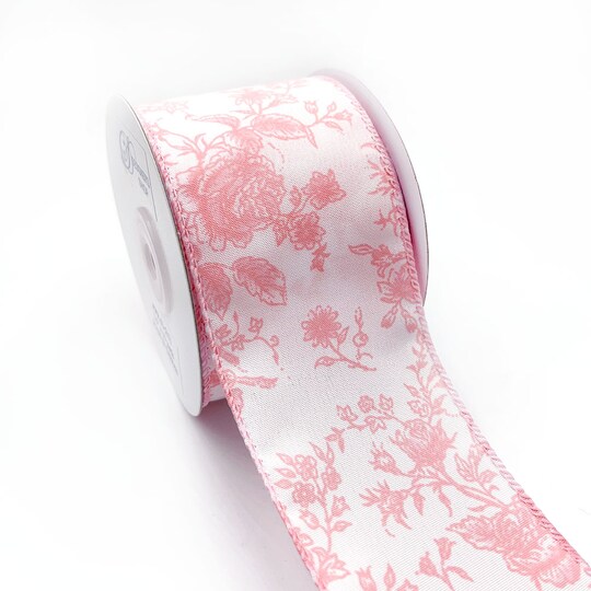 Designer's Shop; Designer’s Shop Rose Floral wired edge ribbon, 2.5” x 10 yard, Holiday and Wedding Ribbons; Category:Spring Ribbon; Image:1